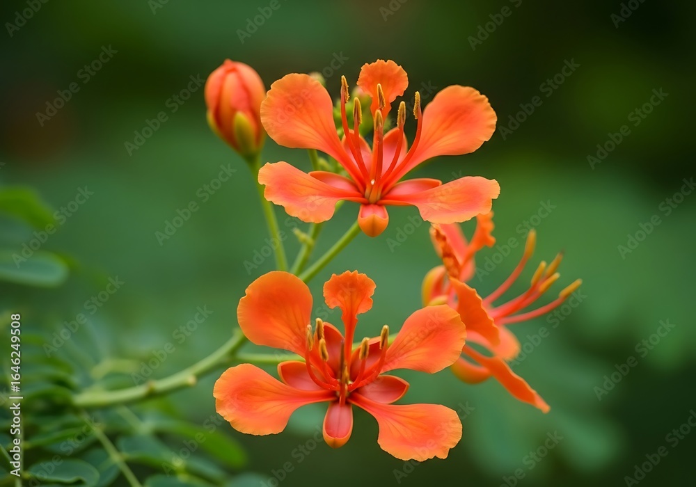 Fototapeta premium Vibrant orange flowers bloom on a green leafy stem