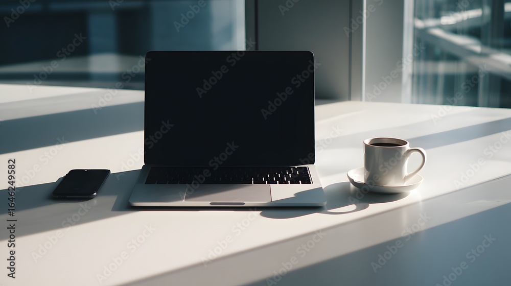 Naklejka premium Laptop, coffee cup, and smartphone on a white surface.