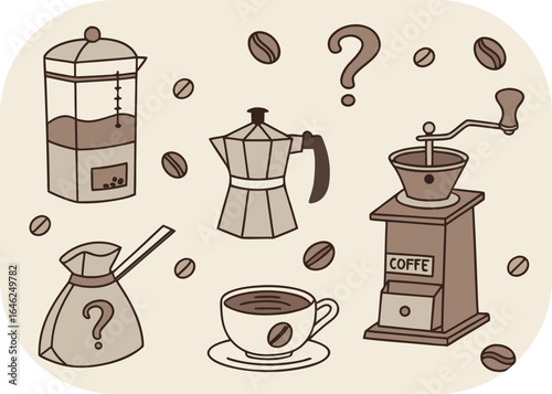 Hand Drawn Coffee Making Equipment and Beans with Question Marks brewing preparation
