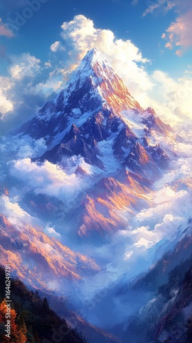 Majestic Snow-Capped Mountain Peak Rising Above Clouds in a Clear Blue Sky Du...