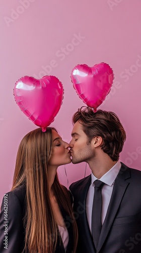 Couple Sharing a Kiss Under Pink Heart-Shaped Balloons in a Romantic Setting.