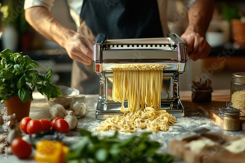 Making Fresh Pasta With a Pasta Machine in a Rustic Kitchen Filled With Herbs...