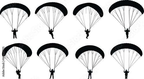 Parachutist descent silhouettes, eight poses, open parachutes, skydiving positions, vector icons, aerial sport, parachute lines, freefall motion