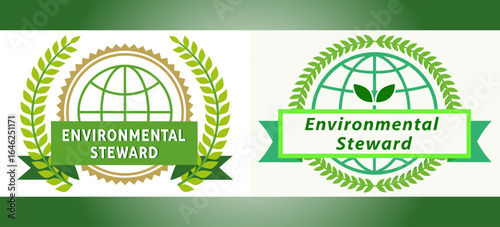 Environmental Steward Badges with Globe, Leaves, and Laurel Wreaths for Sustainability, Conservation, and Eco-Friendly Award or Event Design