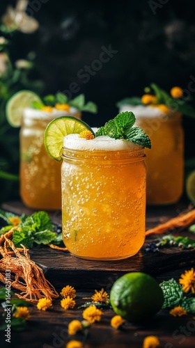 Refreshing Citrus Drink With Mint and Lime in Jars on Wooden Table.