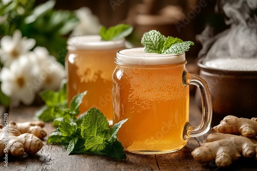 Refreshing Ginger Beverage in Glass Jars Garnished With Mint Leaves on Wooden...