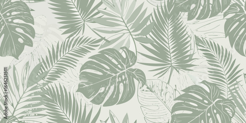Monstera and palm leaf pattern in muted sage green