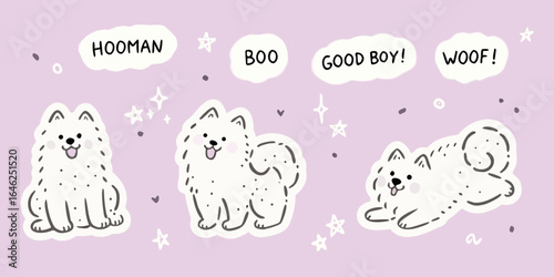 Cute fluffy white dogs with speech bubbles saying hooman boo good boy woof