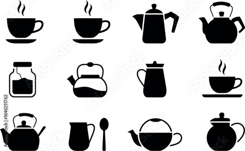Simple Black Tea Icons:  Cups, Teapots, and Coffee Pots Set