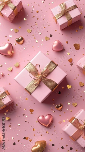 Colorful Gift Boxes and Hearts Scattered on a Pink Background for a Celebration