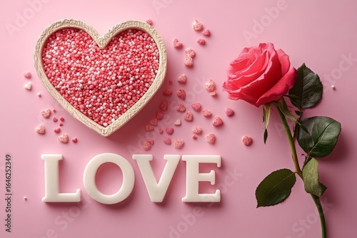 Heart-shaped Dish With Pink Sprinkles and a Rose on a Pastel Background.