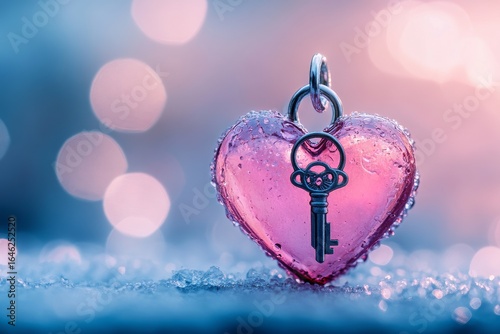 Heart Shaped Padlock With Key Surrounded by Sparkling Bokeh in Soft Colors