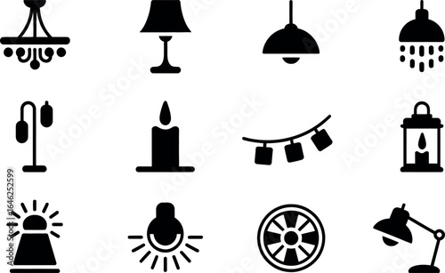 Modern Lighting Fixture Icons:  Chandeliers, Lamps, and Candles in Bold Black Glyph Style