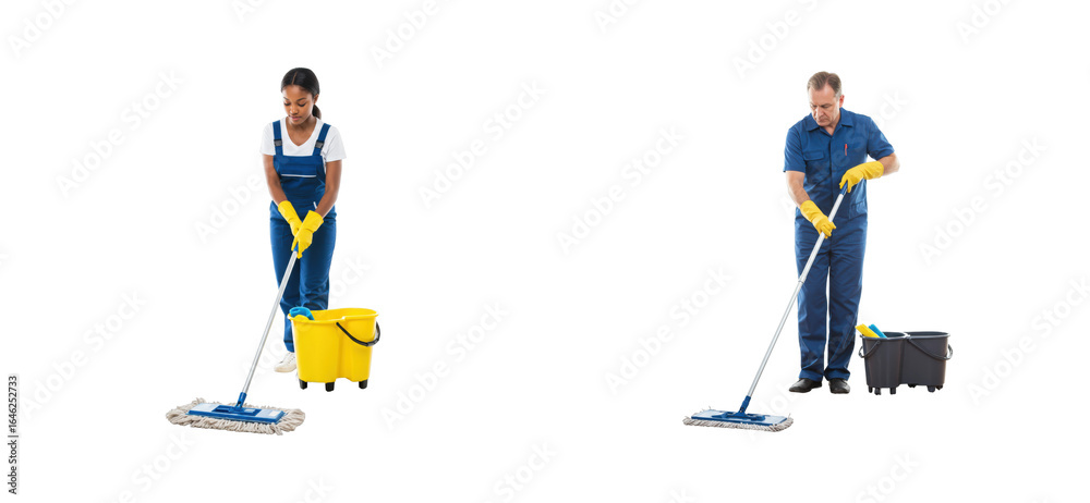 Fototapeta premium Cleaning action by professionals in a bright environment with mops and buckets. Cut out set png
