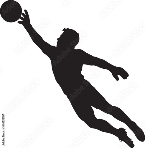 Black silhouette of a soccer goalkeeper diving to catch a ball football goalie