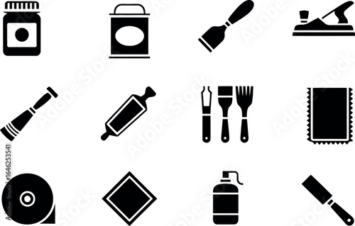 Black and white woodworking tools icons:  repair, restoration, DIY,  home improvement.