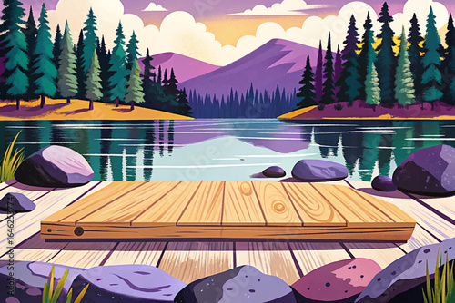 Rustic wooden board surface in foreground with rocks, overlooking a serene summer lake surrounded by lush pine forest, perfect for nature, travel, and outdoor backgrounds.