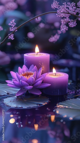 Purple Candles and Lotus Flower Create Tranquil Atmosphere in Serene Setting