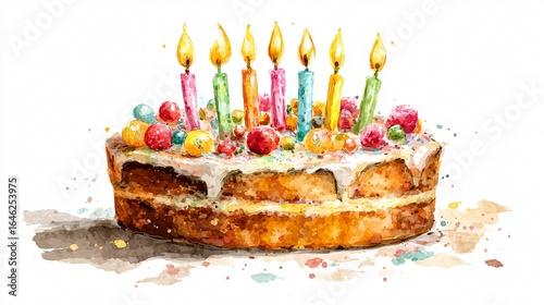 Elegant Birthday Cake with Burning Candles Watercolor Illustration