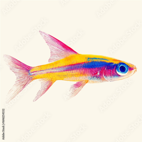 Neon Tetra, watercolor clipart vector, isolated on a white background.