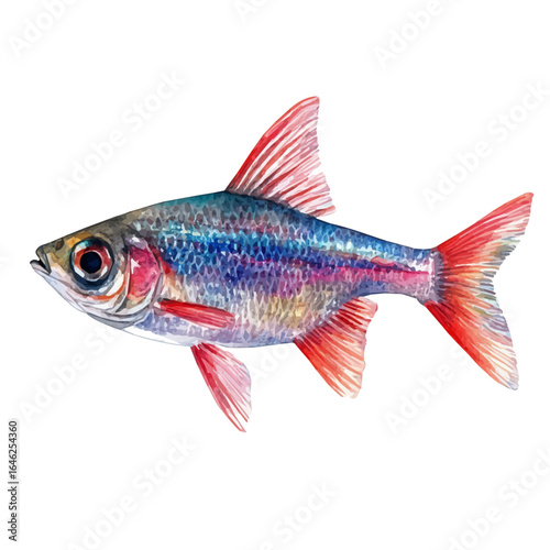 Neon Tetra, watercolor clipart vector, isolated on a white background.