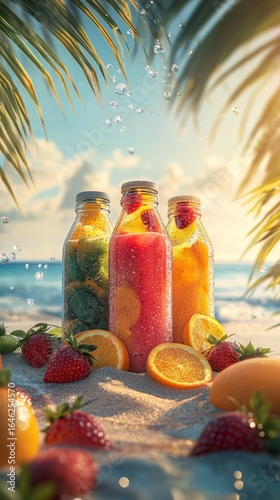 Refreshing Fruit Beverages in Colorful Bottles on Sunny Beach With Palm Trees...