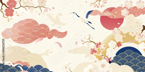 Japanese crane and cherry blossom scenery with traditional wave patterns
