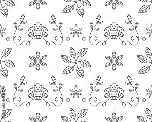 Elegant floral pattern featuring intricate line art designs of flowers leaves and swirling stems for backgrounds or textile applications