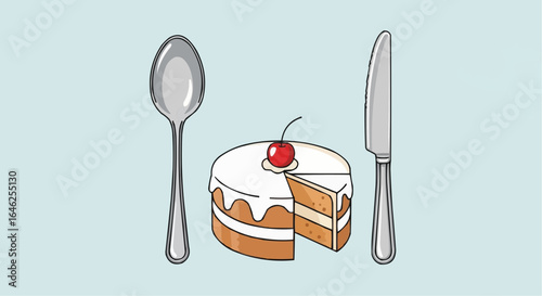 Whimsical cake with cherry, spoon, knife invites sweet thoughts and delicious cravings