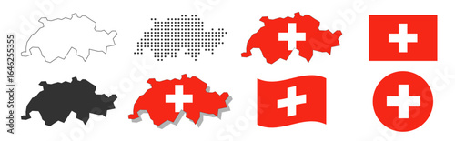 Switzerland map and flag collection on transparent background
