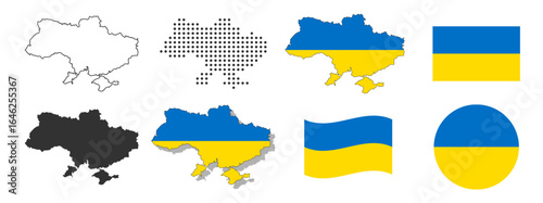 Ukraine map and flag icons collection on transparent background