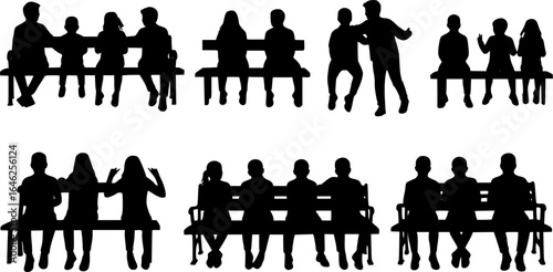 Vector silhouettes of a children and a teenagers sitting on a bench, a group of young people, black color on a white background

