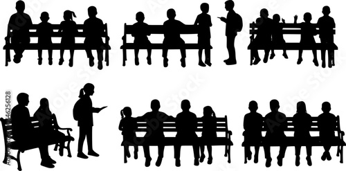 Vector silhouettes of a children and a teenagers sitting on a bench, a group of young people, black color on a white background
