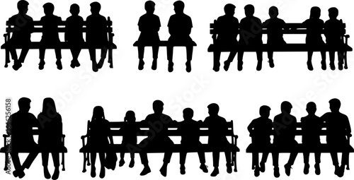 Vector silhouettes of a children and a teenagers sitting on a bench, a group of young people, black color on a white background
