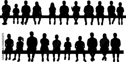 Vector silhouettes of a children and a teenagers sitting on a bench, a group of young people, black color on a white background
