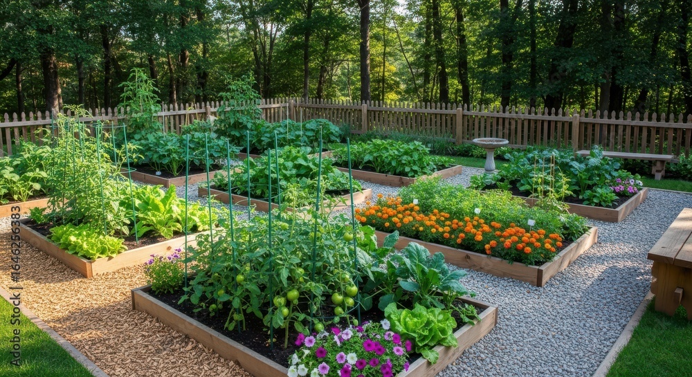 Obraz premium Lush raised vegetable garden beds with flowers and lush greenery