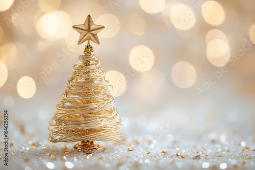 Gold Wire Christmas Tree With a Star Atop Shines in a Festive Atmosphere