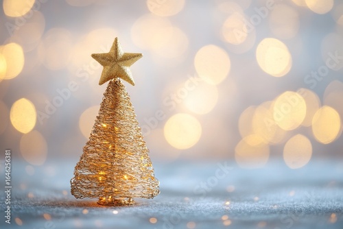 Gold Wire Christmas Tree With a Star Atop Shines in a Festive Atmosphere.