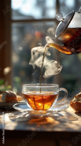 Warm Tea Being Poured Into a Cup With Steam Rising in a Cozy Setting During D...