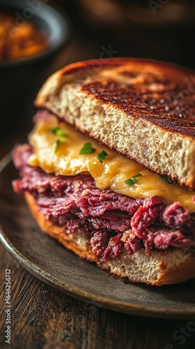 Juicy Corned Beef Sandwich With Melted Cheese on Toasted Bread Served at a Co...