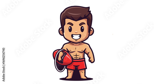 Cute cartoon lifeguard character, a smiling beach rescuer mascot with a safety buoy, isolated on white background vector illustration.