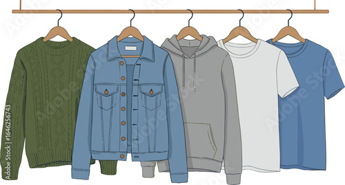 Clothing rack with sweater, denim jacket, hoodie, white and blue t-shirts, casual fashion, wardrobe, apparel, hangers, outfit inspiration