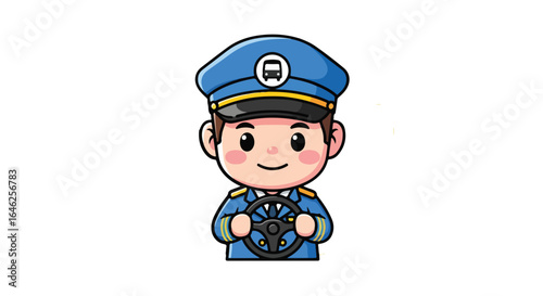 Cute cartoon bus driver in blue uniform holding a steering wheel, isolated professional character VECTOR illustration.