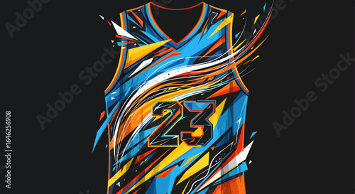 Dynamic Action Illustration of a Basketball Jersey Featuring Bold Colors and Design Elements