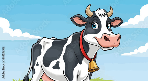 Playful Cow Character Illustration in a Sunny Pasture - Cartoon Style, Nature Environment, Whimsical Viewpoint