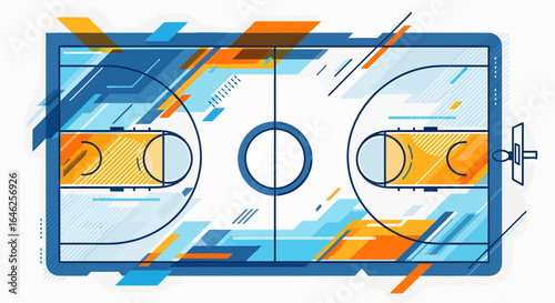 Basketball Court Design, Sports, Urban Setting, Digital Illustration, Dynamic Environment, Aerial View, Modern Concept