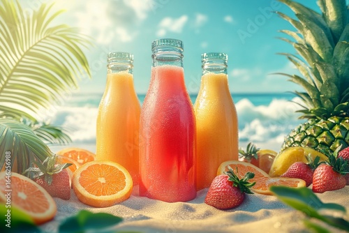 Freshly Squeezed Tropical Drinks on a Beach During Sunset With Fruits and Oce...