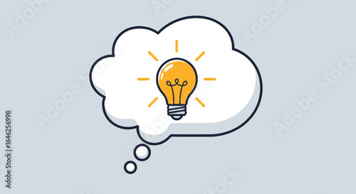 Creative Thought Bubble, Light Bulb Concept, Graphic Design, Minimalist Environment, Illustrative Art Style, Inspirational Ideas