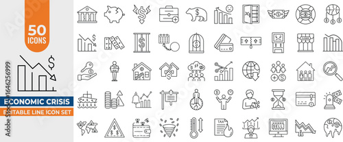 Economic Crisis Line Icon Set – Minimalist Vector Icons for Recession, Bankruptcy, Inflation & Financial Collapse. Editable Stroke. Vector illustration.