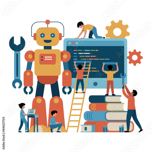 Vector art of children learning and building a robot together, symbolizing education, technology, programming, and future innovation with tools and books